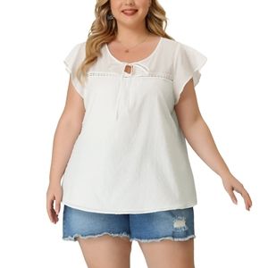 Agnes Orinda Women's Plus 2X Tie Neck Lace Insert Ruffle Sleeve Tops Comfy
